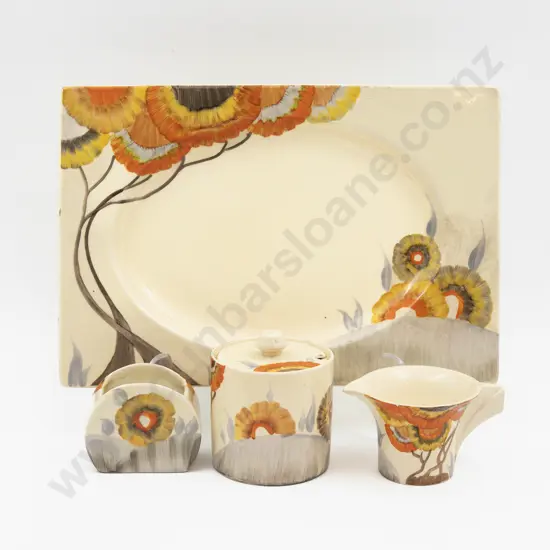 Four Pieces Clarice Cliff Bizarre Hand Painted 'Rhodanthe' Pattern