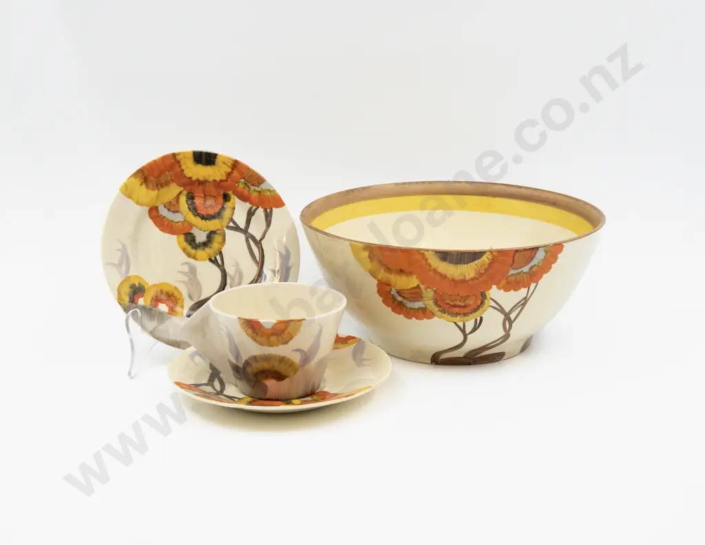 Five Pieces Clarice Cliff Bizarre Hand Painted 'Rhodanthe' Pattern Image 1++