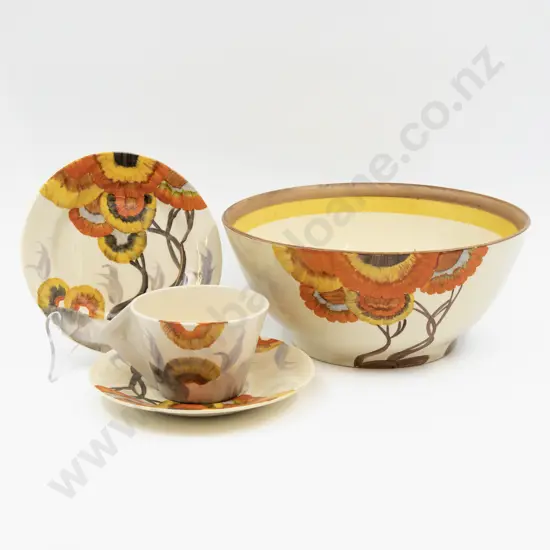Five Pieces Clarice Cliff Bizarre Hand Painted 'Rhodanthe' Pattern