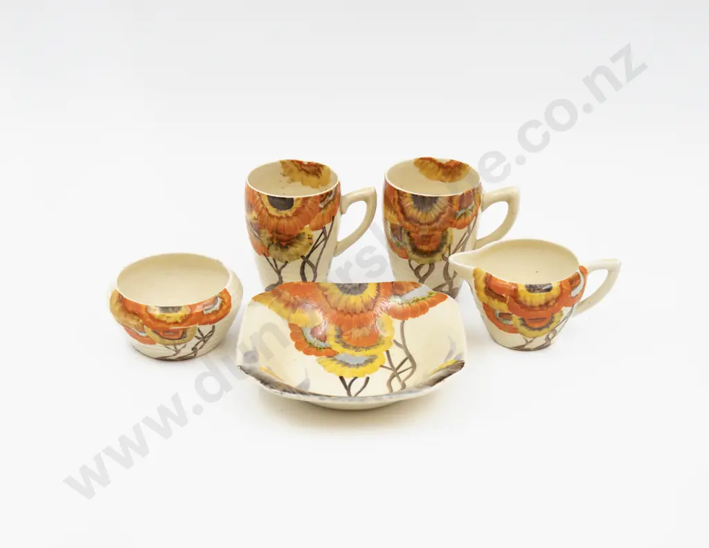 Clarice Cliff Bizarre Hand Painted 'Rhodanthe' Pattern Bowl 22.5cm Dia & Trio (a/f) Image 1++