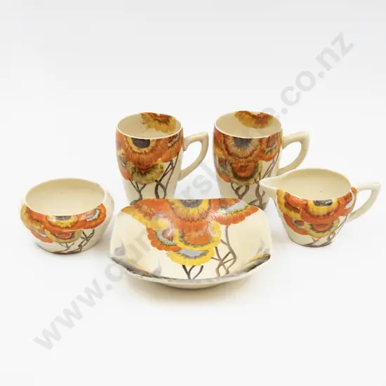 Clarice Cliff Bizarre Hand Painted 'Rhodanthe' Pattern Bowl 22.5cm Dia & Trio (a/f)