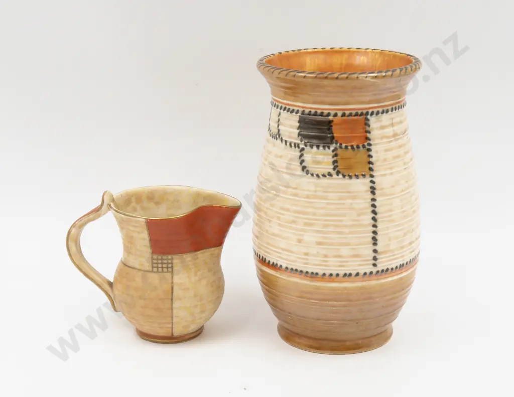 Crown Ducal Art Deco 'Patchwork' Pattern Vase & Jug 22cm H & 11cm H Image 1++