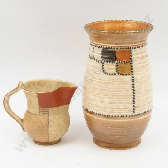 Crown Ducal Art Deco 'Patchwork' Pattern Vase & Jug 22cm H & 11cm H