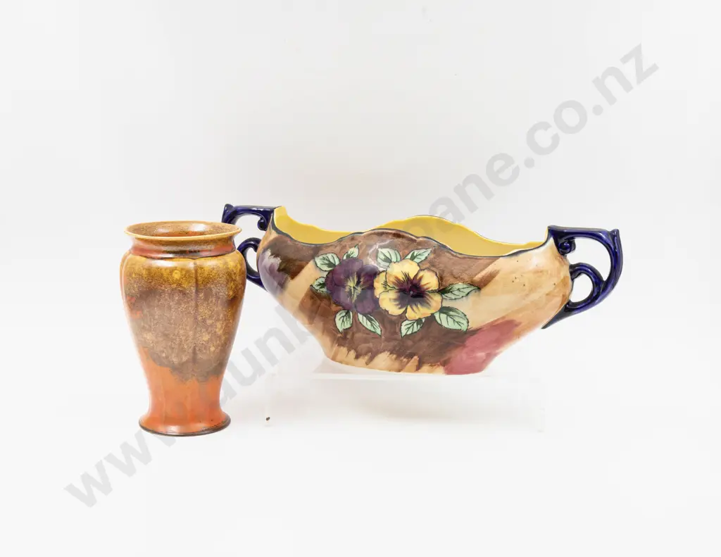 H & K Tunstall "Viola" Pattern Flower Trough & Art Deco Orange Glazed Vase 17cm H Image 1++