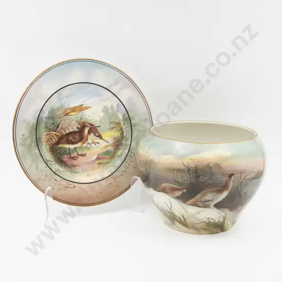 Winton Continuously Hand-Painted Jardiniere Signed T Holmes & Hand-Coloured Plate