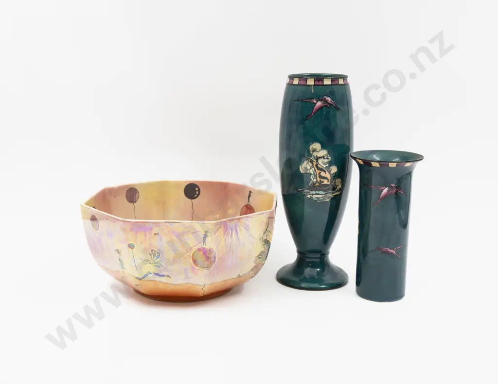 Bo'ness Pottery Scotland Elfland Lustre Octagonal Fruit Bowl Together with Two Regal Ware Tall Ship Pattern Vases Image 1++