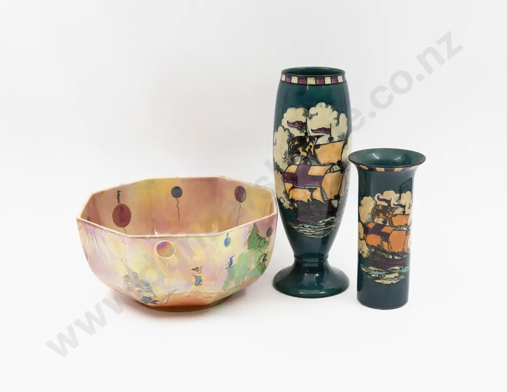Bo'ness Pottery Scotland Elfland Lustre Octagonal Fruit Bowl Together with Two Regal Ware Tall Ship Pattern Vases Image 1++