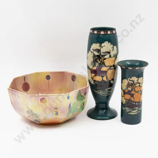 Bo'ness Pottery Scotland Elfland Lustre Octagonal Fruit Bowl Together with Two Regal Ware Tall Ship Pattern Vases