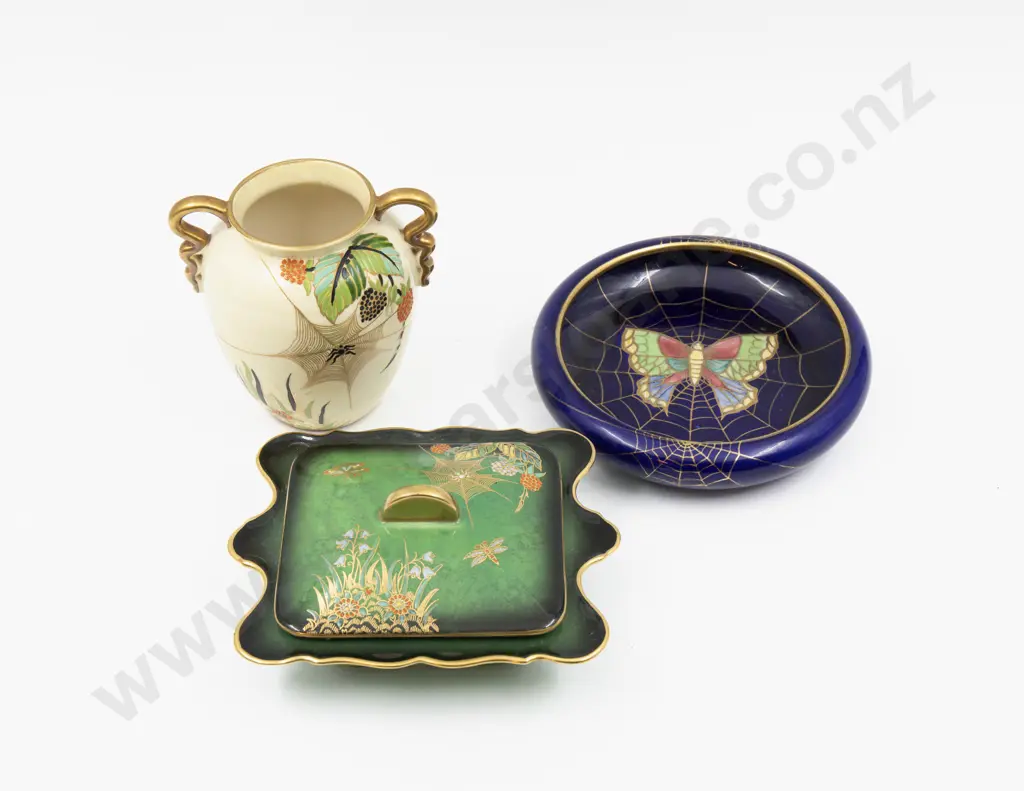Carlton Ware Spider Web Enamelled Trinket Box Vase & Other Dish Image 1++