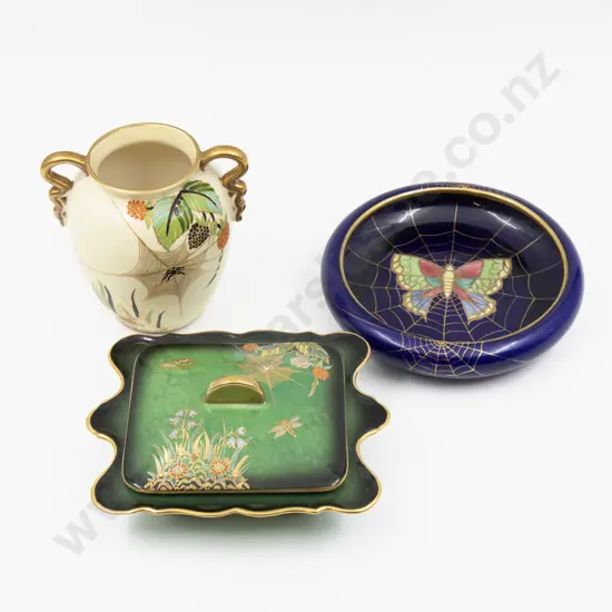Carlton Ware Spider Web Enamelled Trinket Box Vase & Other Dish
