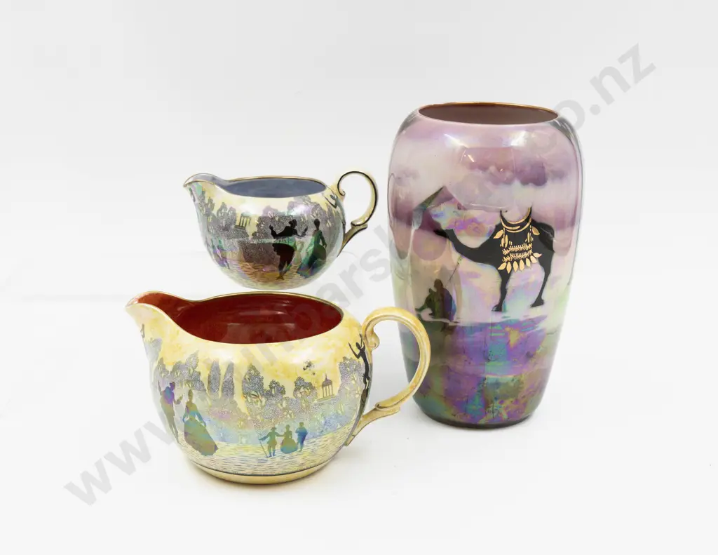 Two Grimwades Byzanta Ware Watteau Pattern Jugs & Unmarked Egyptian Silhouette Vase Image 1++