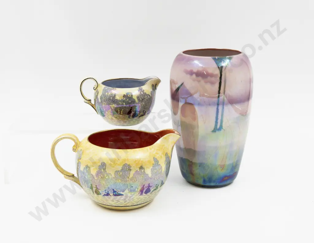 Two Grimwades Byzanta Ware Watteau Pattern Jugs & Unmarked Egyptian Silhouette Vase Image 1++