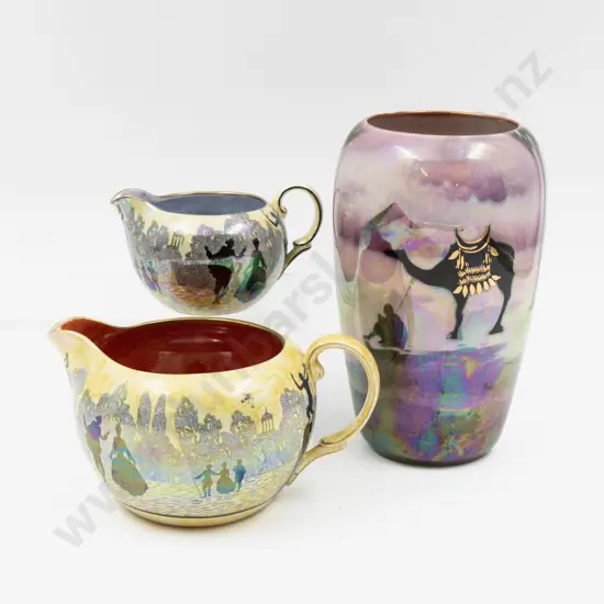 Two Grimwades Byzanta Ware Watteau Pattern Jugs & Unmarked Egyptian Silhouette Vase