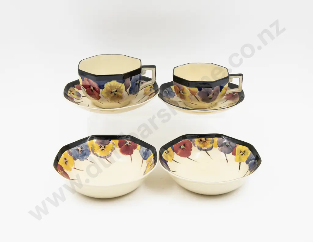 Royal Doulton Two Pansies Pattern Teacup & Saucers Two Dessert Bowl Image 1++