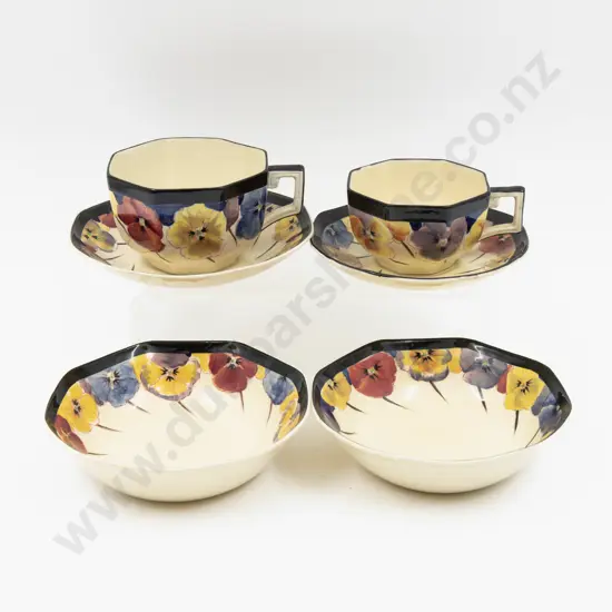 Royal Doulton Two Pansies Pattern Teacup & Saucers Two Dessert Bowl