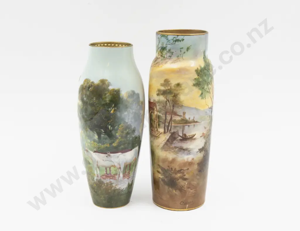 Two Royal Doulton Hand Painted Vases Signed Hopkins & Hart Both with Rim Restorations Image 1++