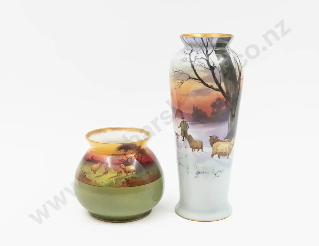 Two Royal Doulton Hand Painted & Transferred Continuous Sunset Field Vases Unsigned 23cm H & 11cm H Image 1++