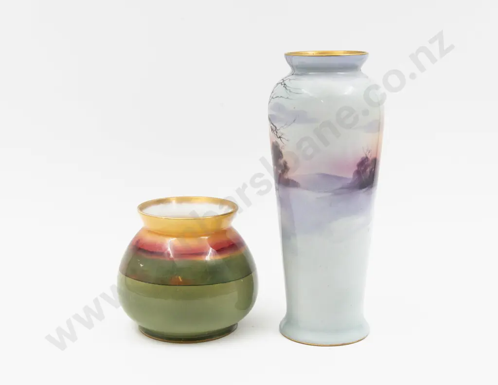 Two Royal Doulton Hand Painted & Transferred Continuous Sunset Field Vases Unsigned 23cm H & 11cm H Image 1++