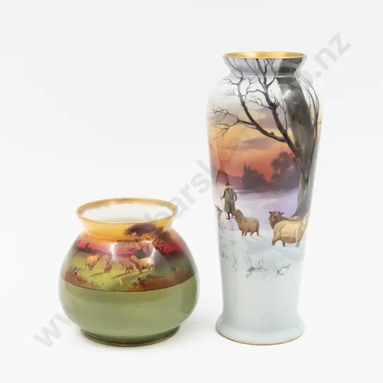 Two Royal Doulton Hand Painted & Transferred Continuous Sunset Field Vases Unsigned 23cm H & 11cm H