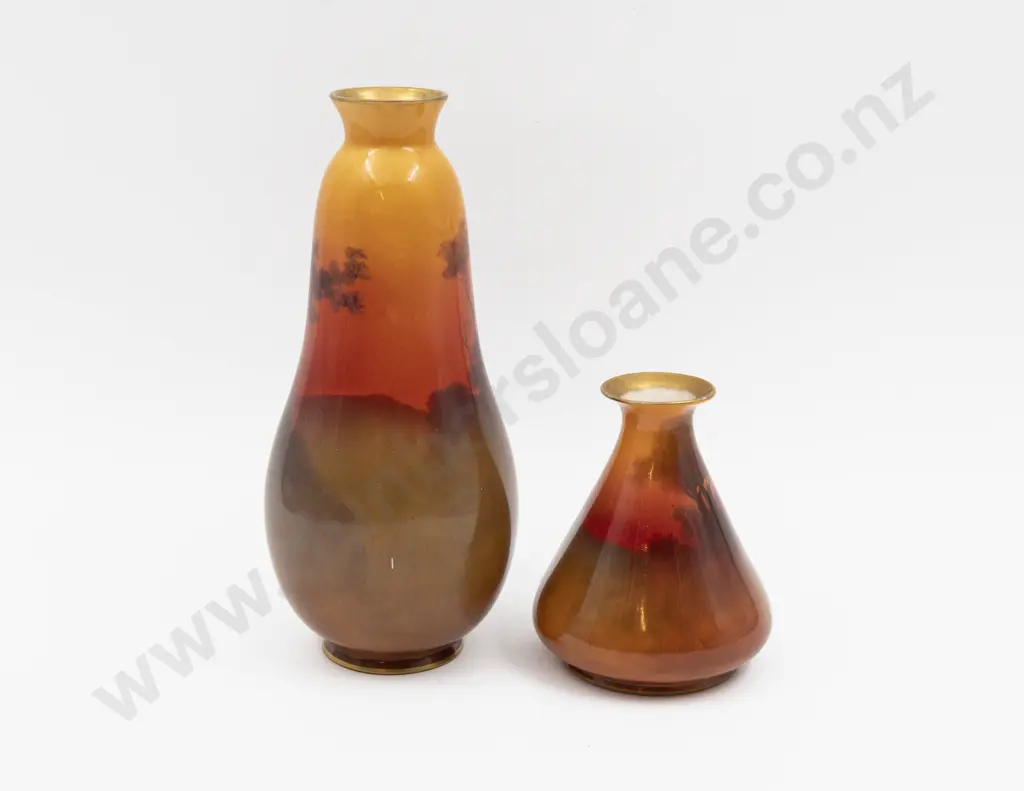 Two Royal Doulton Hand Painted & Transferred Continuous Sunset Vases Unsigned 23cm H & 12cm H Image 1++