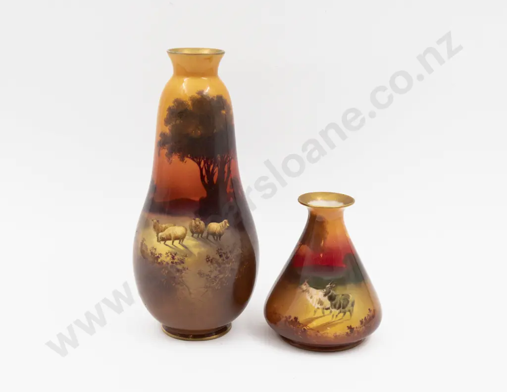 Two Royal Doulton Hand Painted & Transferred Continuous Sunset Vases Unsigned 23cm H & 12cm H Image 1++