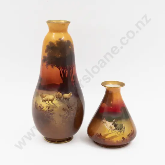 Two Royal Doulton Hand Painted & Transferred Continuous Sunset Vases Unsigned 23cm H & 12cm H