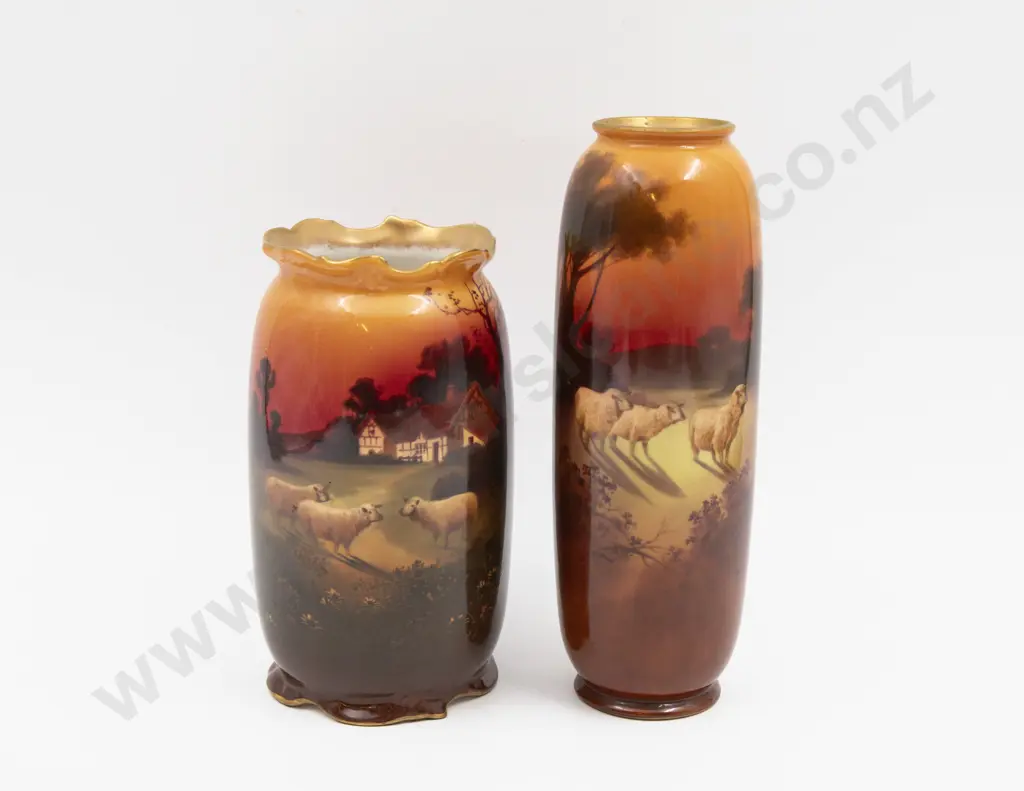 Two Royal Doulton Hand Painted & Transferred Continuous Sunset Vases 18cm H & 22.5cm H Image 1++