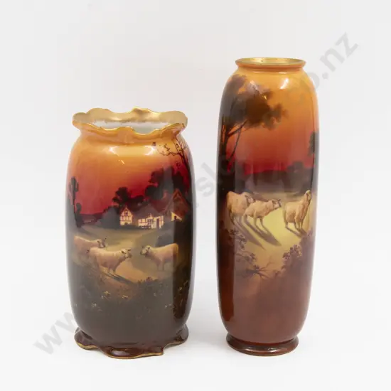 Two Royal Doulton Hand Painted & Transferred Continuous Sunset Vases 18cm H & 22.5cm H