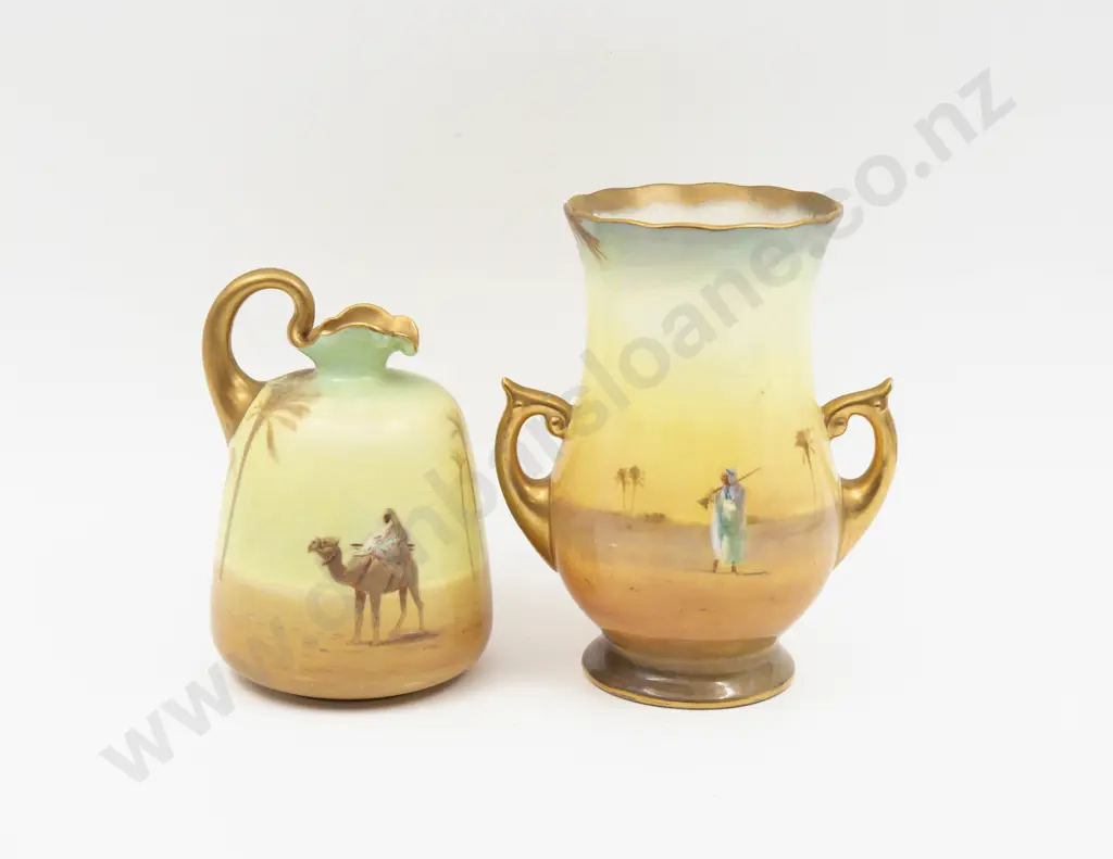 Two Royal Doulton Hand Painted Continuous Arabian Scene Vase & Ewer Signed Allen & Unsigned Hancock Image 1++