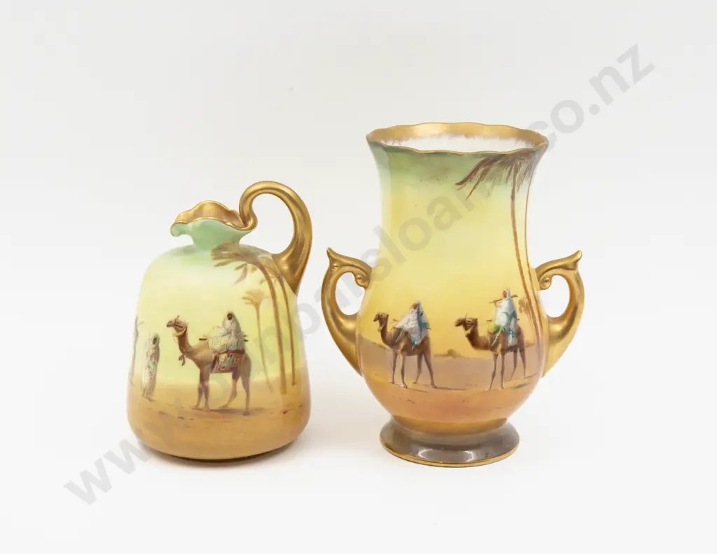 Two Royal Doulton Hand Painted Continuous Arabian Scene Vase & Ewer Signed Allen & Unsigned Hancock Image 1++
