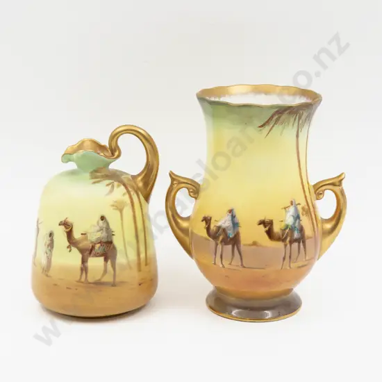 Two Royal Doulton Hand Painted Continuous Arabian Scene Vase & Ewer Signed Allen & Unsigned Hancock
