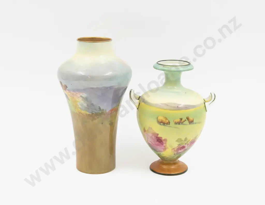 Two Royal Doulton Hand Painted Field with Sheep Vases Unsigned Image 1++