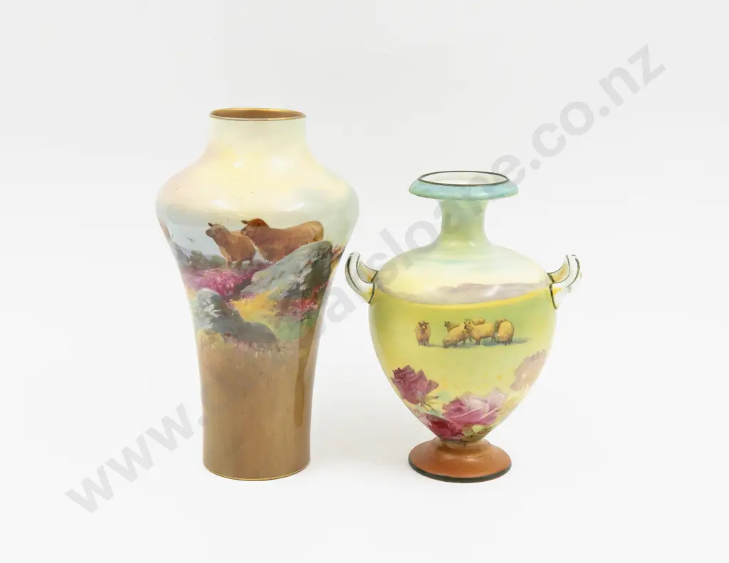 Two Royal Doulton Hand Painted Field with Sheep Vases Unsigned Image 1++
