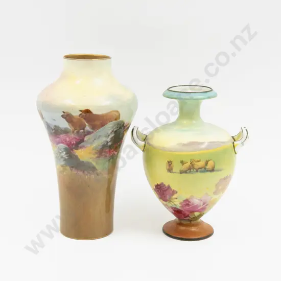 Two Royal Doulton Hand Painted Field with Sheep Vases Unsigned
