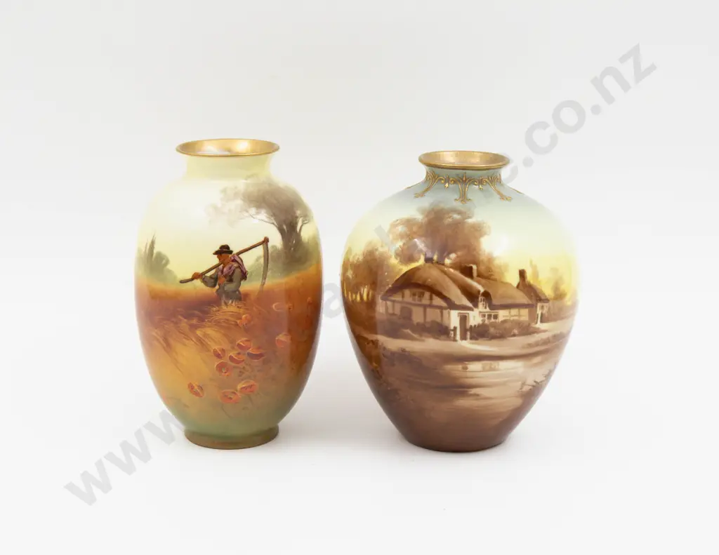 Two Royal Doulton Continuous Farm Landscape Vases Signed W Brown & Unsigned Image 1++