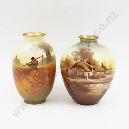 Two Royal Doulton Continuous Farm Landscape Vases Signed W Brown & Unsigned