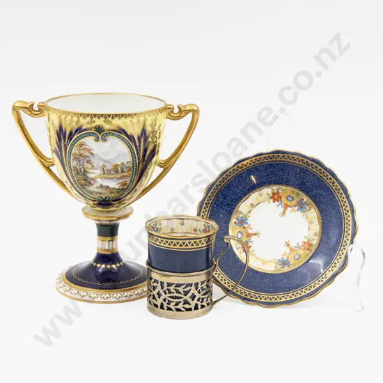 Royal Crown Derby Hand Painted Cartouche Handled Cup Signed W E J Dean 14cm H & Other
