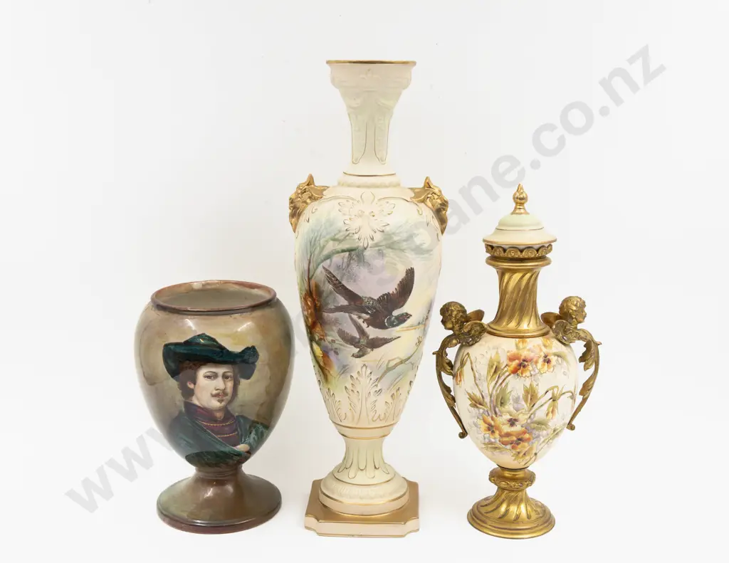 Forester & Sons Hand Painted Mantel Urn & Grimwades Rembrandt Portrait Vase & Ormolu Mounted Vase Image 1++