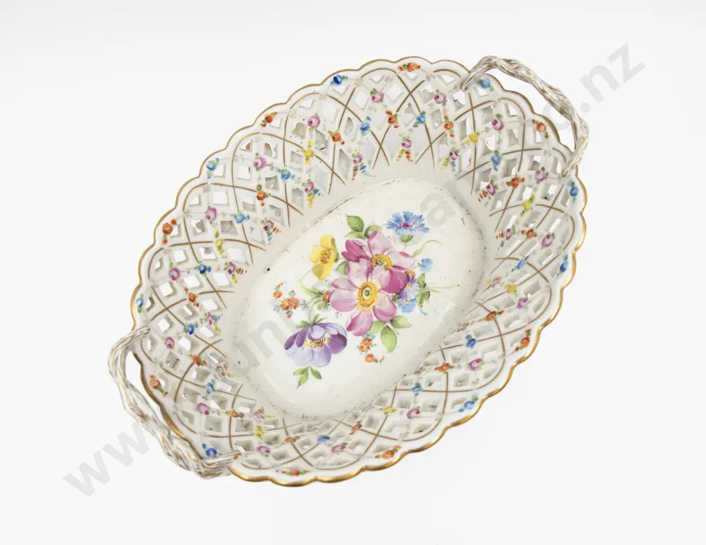 Mid C20th Dresden Floral Encrusted Hand Painted Table Basket Image 1++