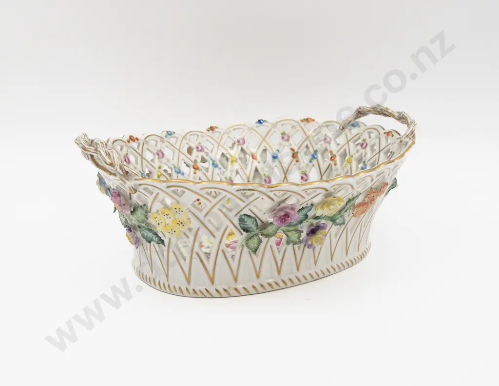 Mid C20th Dresden Floral Encrusted Hand Painted Table Basket Image 1++