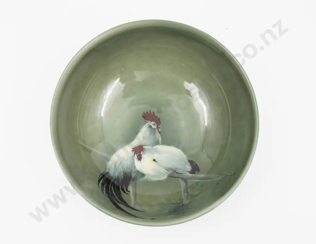 Royal Doulton Titanian Ware Painted with Cockerels Signed H Allen Dish 13.5cm Dia Image 1++