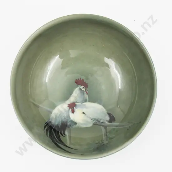 Royal Doulton Titanian Ware Painted with Cockerels Signed H Allen Dish 13.5cm Dia