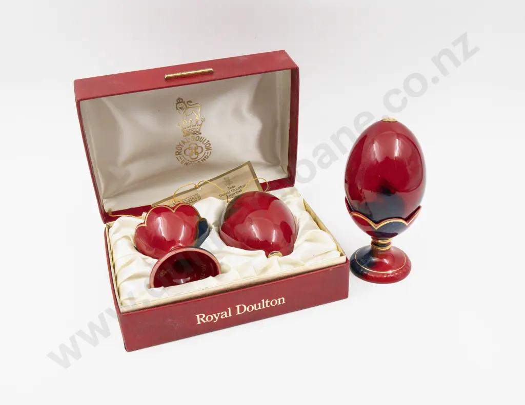 Two Royal Doulton Flambe Boxed & Unboxed Egg on Stands Image 1++