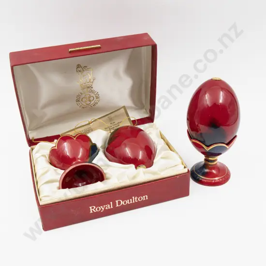 Two Royal Doulton Flambe Boxed & Unboxed Egg on Stands