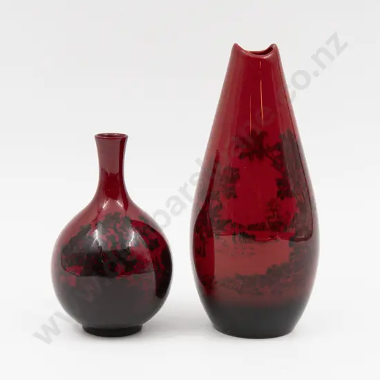 Two Royal Doulton Flambe Continuous Landscape Specimen Vases 17cm H & 12cm H