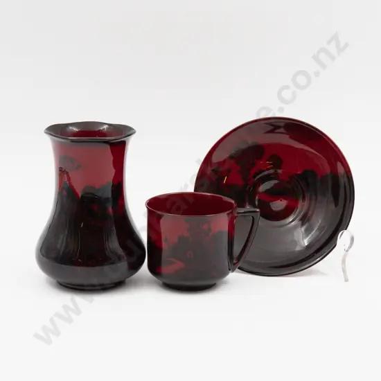 Royal Doulton Flambe Continuous Farming Landscape Vase & Cottage Teacup & Saucer