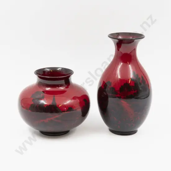 Two Royal Doulton Flambe Continuous Church & Castle Pattern Vases 12cm H & 18cm H