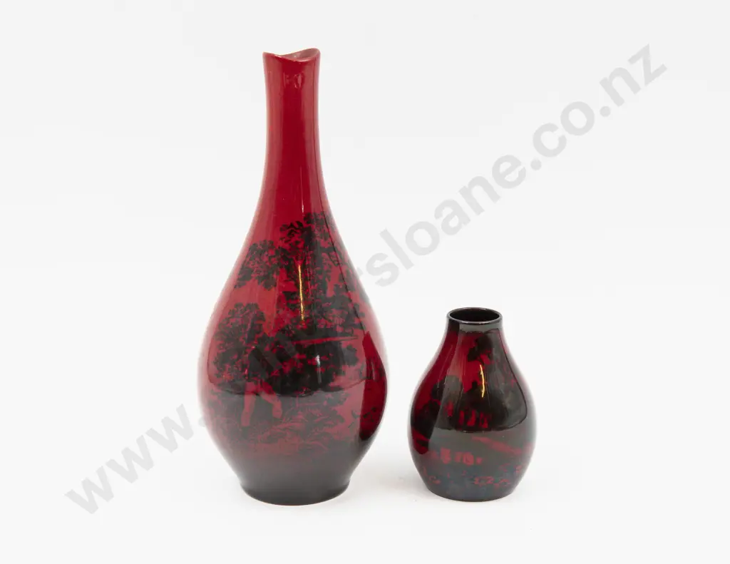 Royal Doulton Flambe Woodcut Continuous Hunting Scene Specimen Vase & Cottage Posy Pot 20.5cm H & 9cm H Image 1++