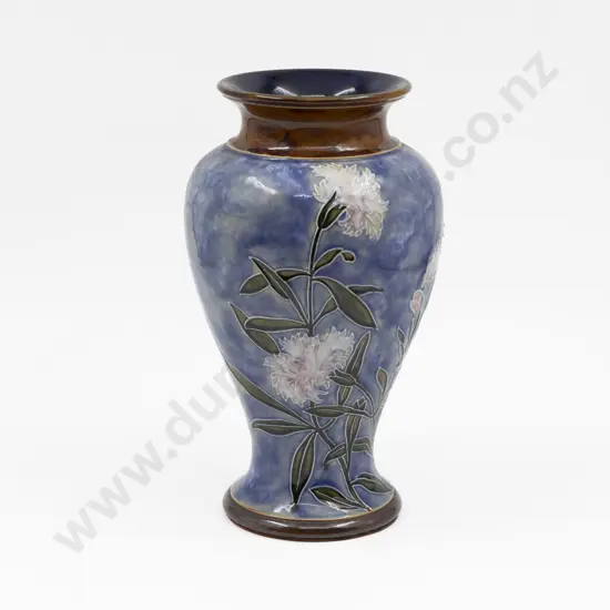 C1894 Doulton Stoneware Tube Lined Baluster Vase with Saying 26.5cm H