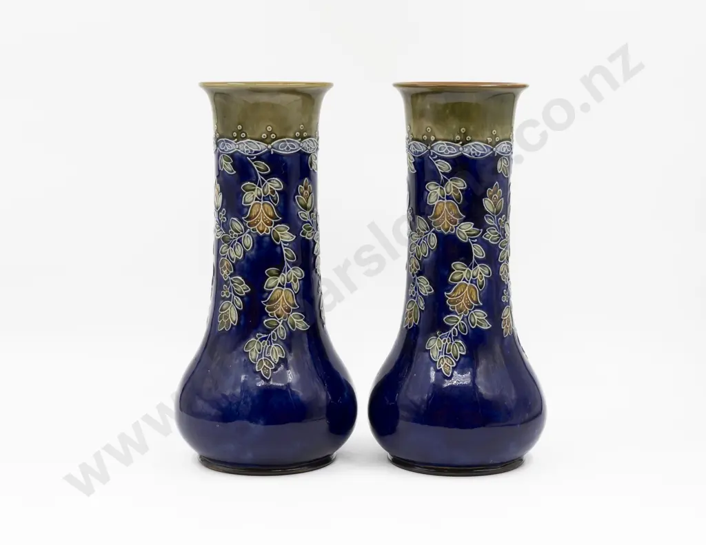 Pair C1895 Doulton Stoneware Tube Lined Long Stem Mantel Vases 33cm H Each Image 1++